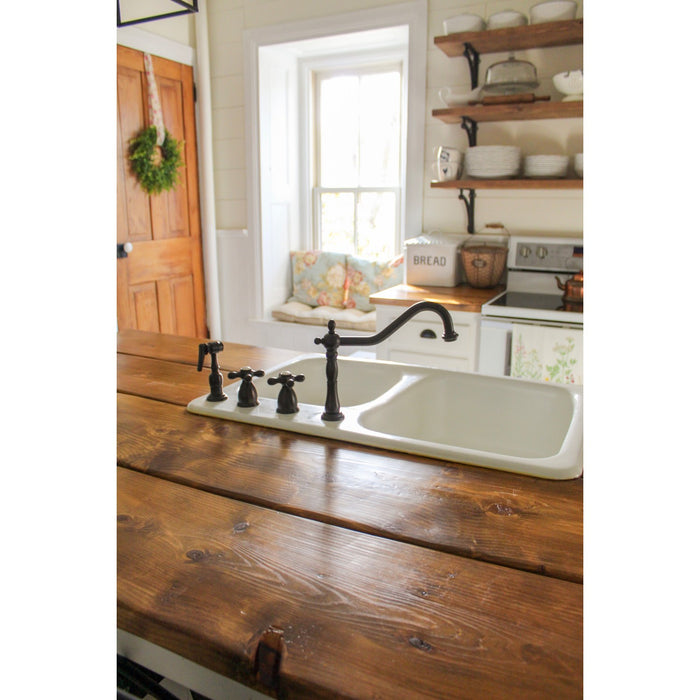 Kingston Heirloom KB1795AXBS - Heritage Double-Handle 4-Hole Widespread Kitchen Faucet with Brass Sprayer, Oil Rubbed Bronze