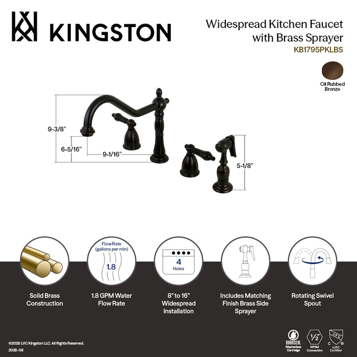 Kingston Heirloom KB1795PKLBS - Duchess Double-Handle 4-Hole Widespread Kitchen Faucet with Brass Sprayer, Oil Rubbed Bronze