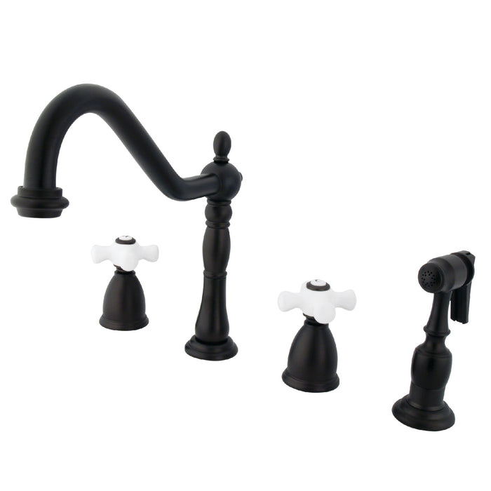Kingston Heirloom KB1795PXBS - Heritage Double-Handle 4-Hole Widespread Kitchen Faucet with Brass Sprayer, Oil Rubbed Bronze