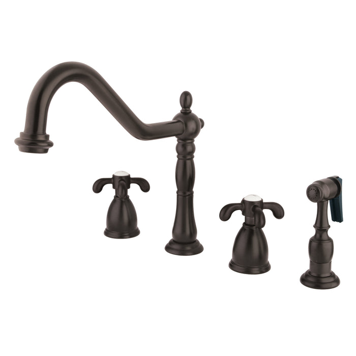 Kingston Heirloom KB1795TXBS - French Country Double-Handle 4-Hole Widespread Kitchen Faucet with Brass Sprayer, Oil Rubbed Bronze
