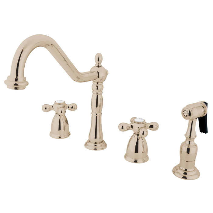Kingston Heirloom KB1796AXBS - Heritage Double-Handle 4-Hole Widespread Kitchen Faucet with Brass Sprayer, Polished Nickel