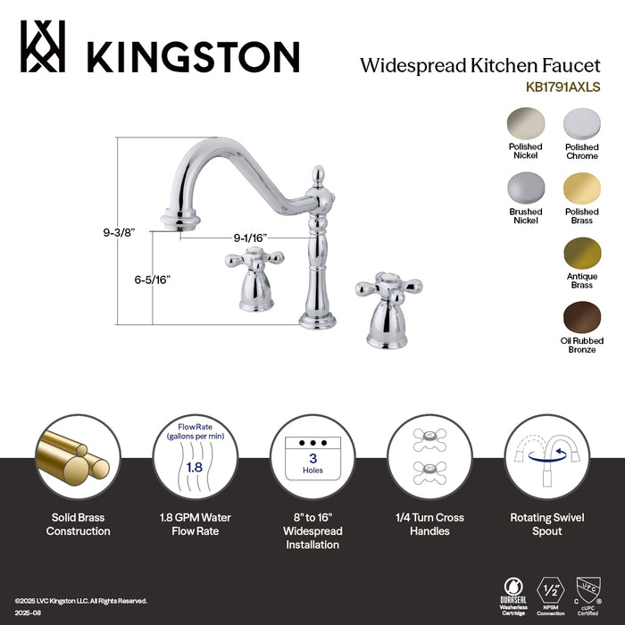 Kingston Heirloom KB1796AXLS - Heritage Double-Handle 3-Hole Widespread Kitchen Faucet, Polished Nickel