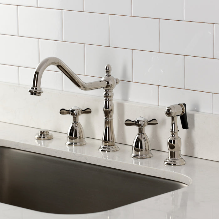 Kingston Heirloom KB1796BEXBS - Essex Double-Handle 4-Hole Widespread Kitchen Faucet with Brass Sprayer, Polished Nickel