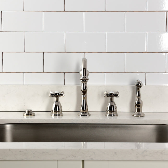Kingston Heirloom KB1796BEXBS - Essex Double-Handle 4-Hole Widespread Kitchen Faucet with Brass Sprayer, Polished Nickel