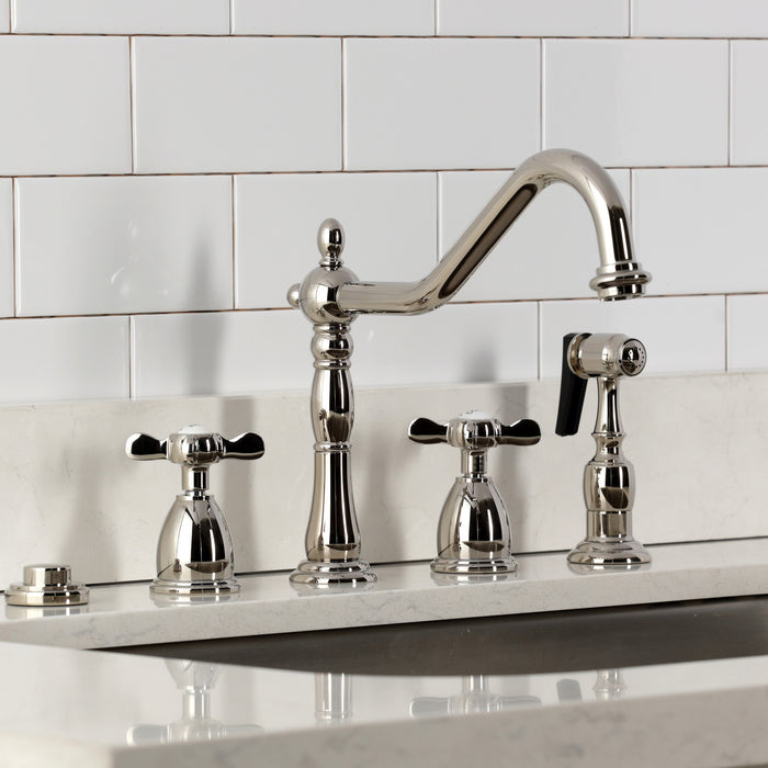 Kingston Heirloom KB1796BEXBS - Essex Double-Handle 4-Hole Widespread Kitchen Faucet with Brass Sprayer, Polished Nickel