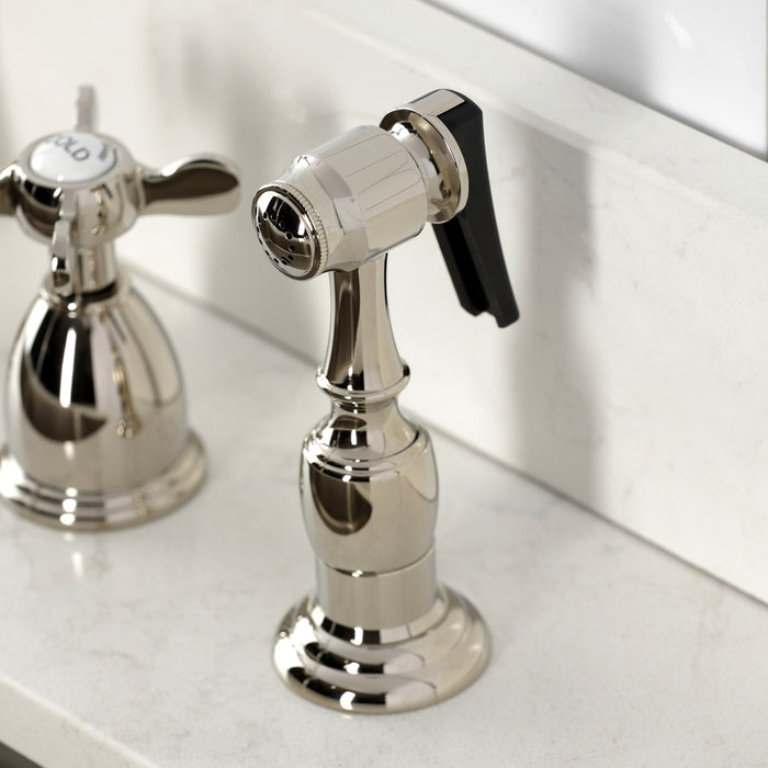 Kingston Heirloom KB1796BEXBS - Essex Double-Handle 4-Hole Widespread Kitchen Faucet with Brass Sprayer, Polished Nickel