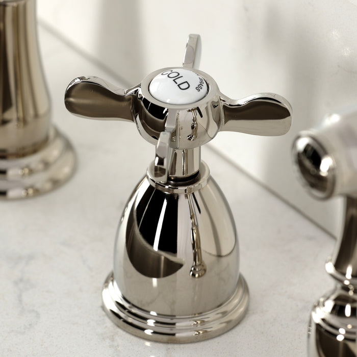 Kingston Heirloom KB1796BEXBS - Essex Double-Handle 4-Hole Widespread Kitchen Faucet with Brass Sprayer, Polished Nickel