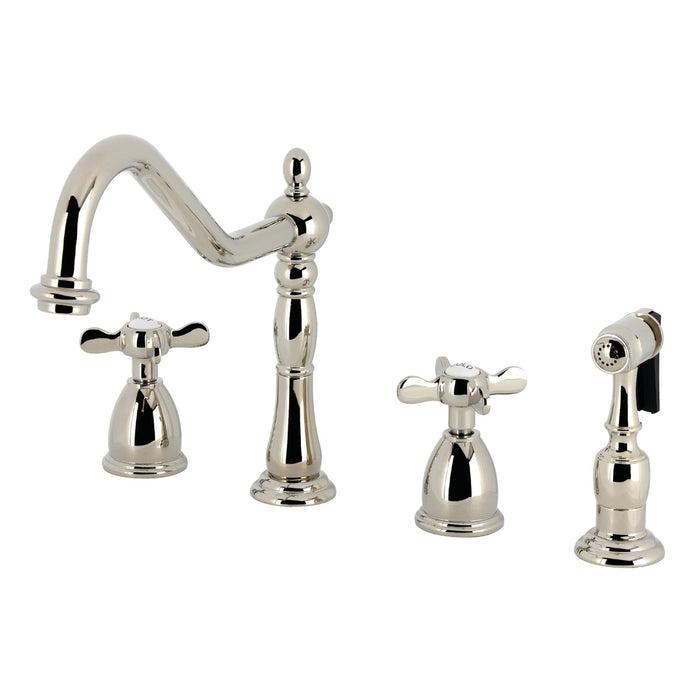 Kingston Heirloom KB1796BEXBS - Essex Double-Handle 4-Hole Widespread Kitchen Faucet with Brass Sprayer, Polished Nickel