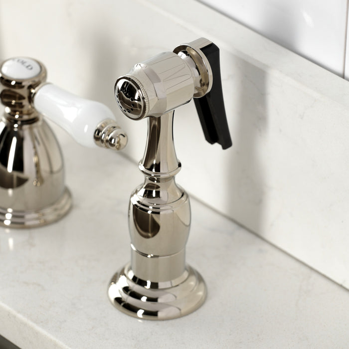 Kingston Heirloom KB1796BPLBS - Bel-Air Double-Handle Widespread Kitchen Faucet with Brass Sprayer, Polished Nickel