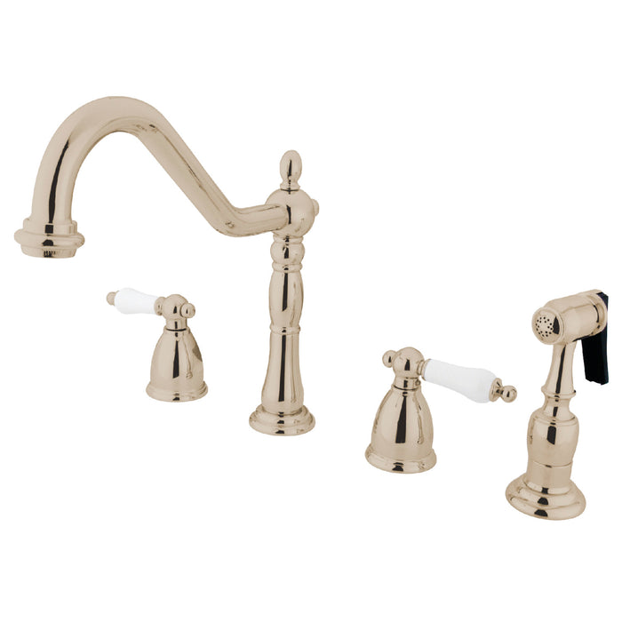 Kingston Heirloom KB1796PLBS - Heritage Double-Handle 4-Hole Widespread Kitchen Faucet with Brass Sprayer, Polished Nickel