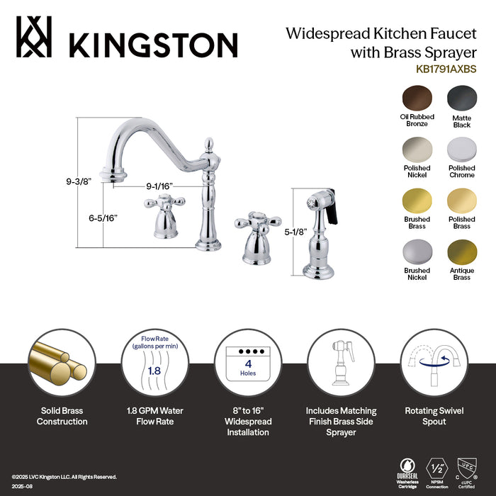 Kingston Heirloom KB1797AXBS - Heritage Double-Handle 4-Hole Widespread Kitchen Faucet with Brass Sprayer, Brushed Brass