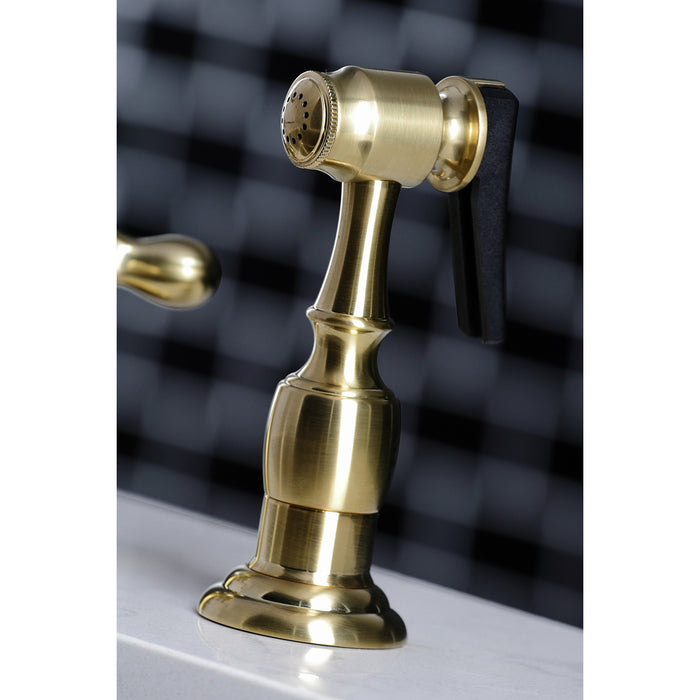 Kingston Heirloom KB1797AXBS - Heritage Double-Handle 4-Hole Widespread Kitchen Faucet with Brass Sprayer, Brushed Brass