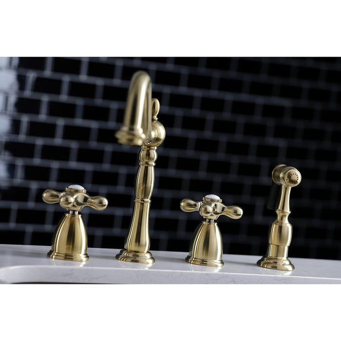 Kingston Heirloom KB1797AXBS - Heritage Double-Handle 4-Hole Widespread Kitchen Faucet with Brass Sprayer, Brushed Brass