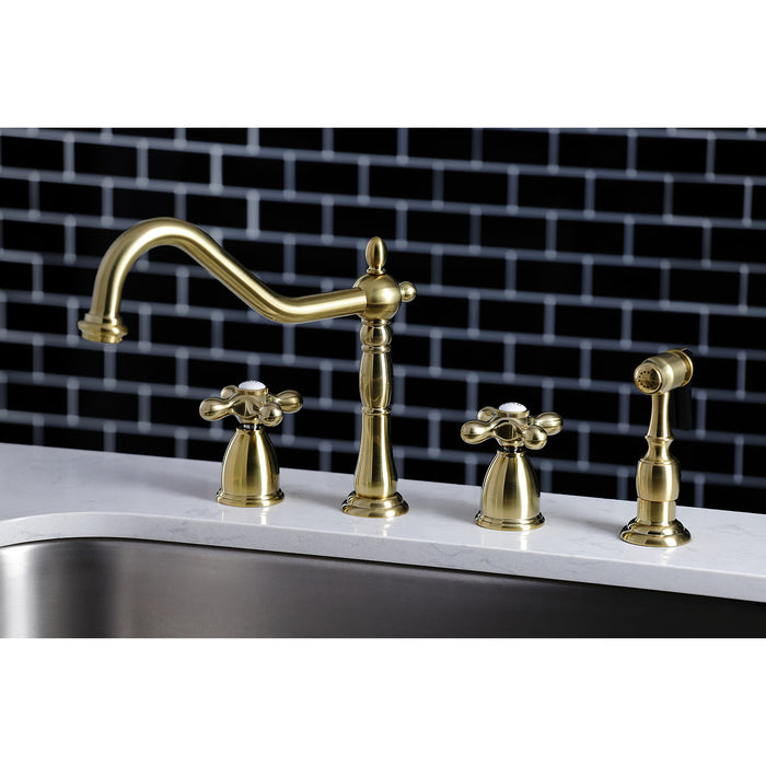 Kingston Heirloom KB1797AXBS - Heritage Double-Handle 4-Hole Widespread Kitchen Faucet with Brass Sprayer, Brushed Brass