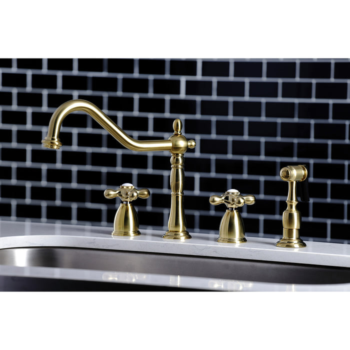 Kingston Heirloom KB1797AXBS - Heritage Double-Handle 4-Hole Widespread Kitchen Faucet with Brass Sprayer, Brushed Brass