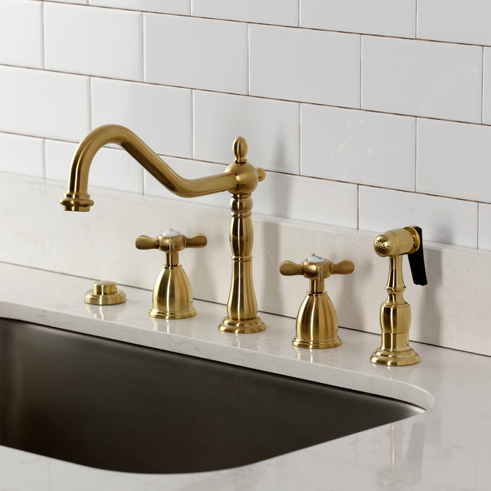 Kingston Heirloom KB1797BEXBS - Essex Double-Handle 4-Hole Widespread Kitchen Faucet with Brass Sprayer, Brushed Brass