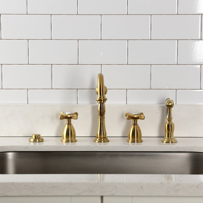 Kingston Heirloom KB1797BEXBS - Essex Double-Handle 4-Hole Widespread Kitchen Faucet with Brass Sprayer, Brushed Brass