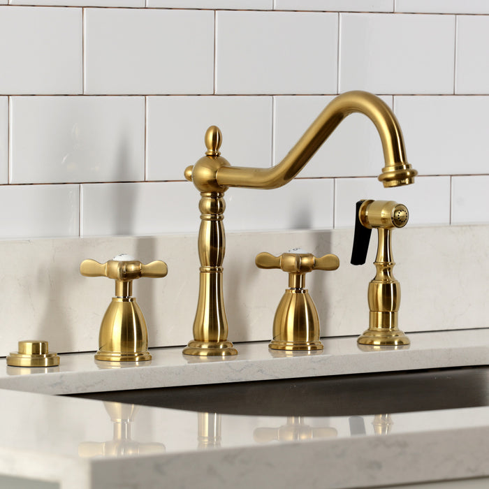 Kingston Heirloom KB1797BEXBS - Essex Double-Handle 4-Hole Widespread Kitchen Faucet with Brass Sprayer, Brushed Brass