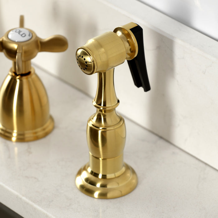 Kingston Heirloom KB1797BEXBS - Essex Double-Handle 4-Hole Widespread Kitchen Faucet with Brass Sprayer, Brushed Brass