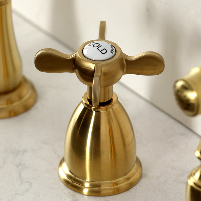 Kingston Heirloom KB1797BEXBS - Essex Double-Handle 4-Hole Widespread Kitchen Faucet with Brass Sprayer, Brushed Brass
