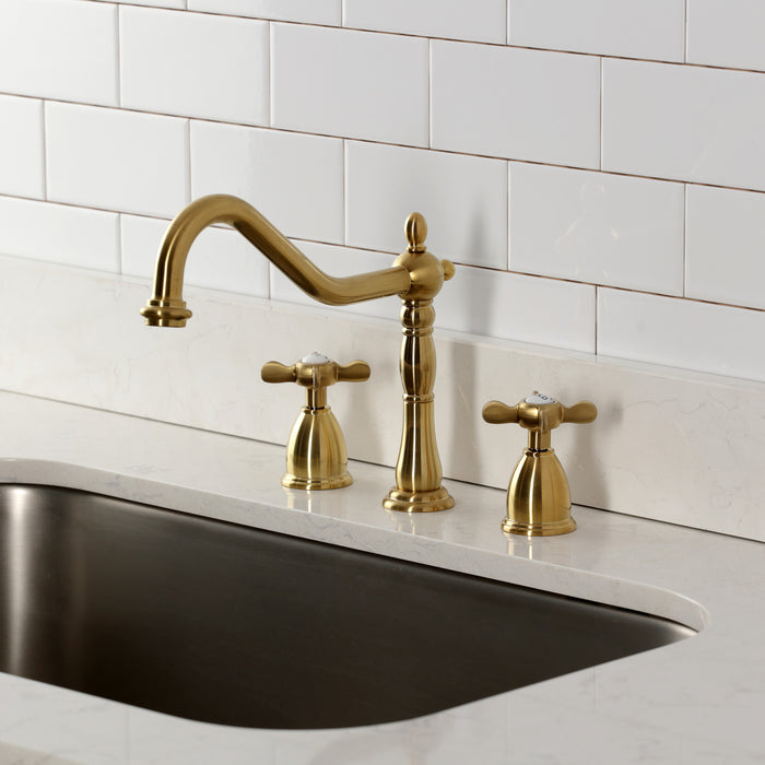 Kingston Heirloom KB1797BEXLS - Essex Double-Handle 3-Hole Widespread Kitchen Faucet, Brushed Brass