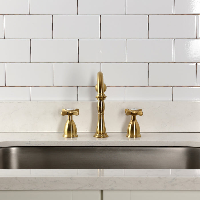 Kingston Heirloom KB1797BEXLS - Essex Double-Handle 3-Hole Widespread Kitchen Faucet, Brushed Brass