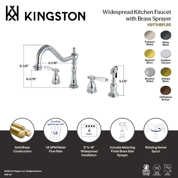 Kingston Heirloom KB1797BPLBS - Bel-Air Double-Handle Widespread Kitchen Faucet with Brass Sprayer, Brushed Brass