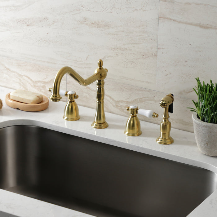 Kingston Heirloom KB1797BPLBS - Bel-Air Double-Handle Widespread Kitchen Faucet with Brass Sprayer, Brushed Brass