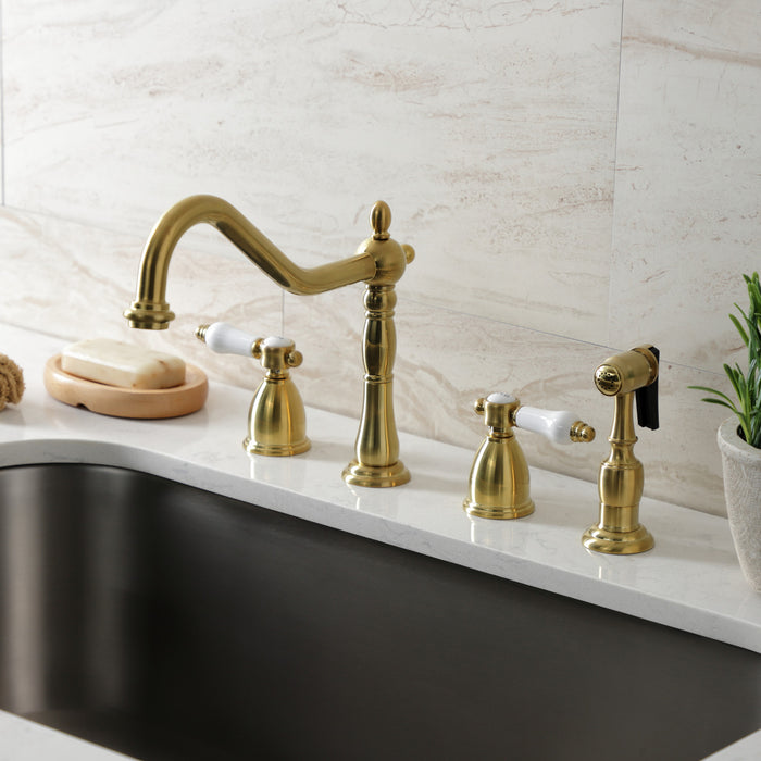 Kingston Heirloom KB1797BPLBS - Bel-Air Double-Handle Widespread Kitchen Faucet with Brass Sprayer, Brushed Brass