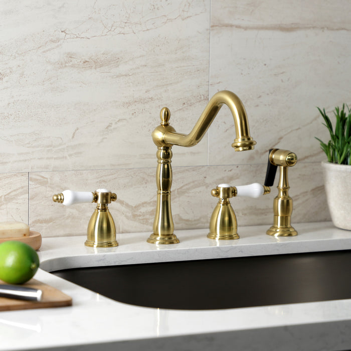 Kingston Heirloom KB1797BPLBS - Bel-Air Double-Handle Widespread Kitchen Faucet with Brass Sprayer, Brushed Brass