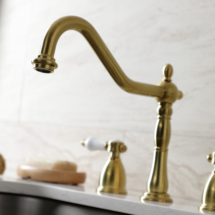 Kingston Heirloom KB1797BPLBS - Bel-Air Double-Handle Widespread Kitchen Faucet with Brass Sprayer, Brushed Brass
