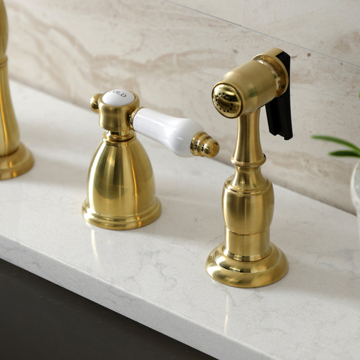 Kingston Heirloom KB1797BPLBS - Bel-Air Double-Handle Widespread Kitchen Faucet with Brass Sprayer, Brushed Brass