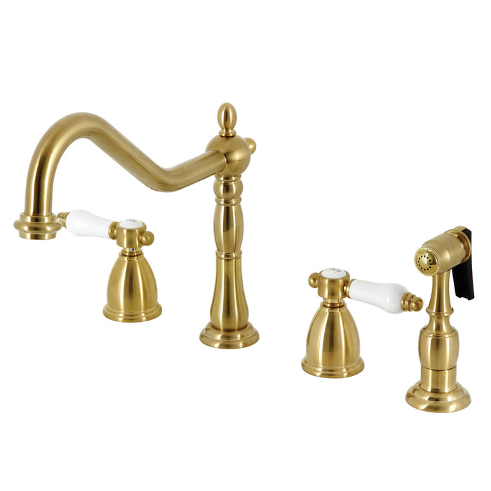 Kingston Heirloom KB1797BPLBS - Bel-Air Double-Handle Widespread Kitchen Faucet with Brass Sprayer, Brushed Brass