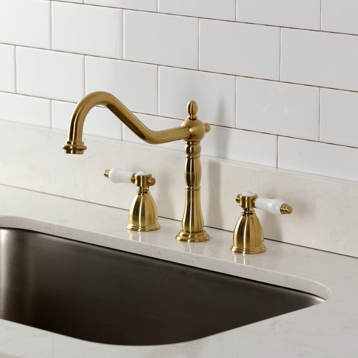 Kingston Heirloom KB1797BPLLS - Bel-Air Double-Handle Widespread Kitchen Faucet, Brushed Brass