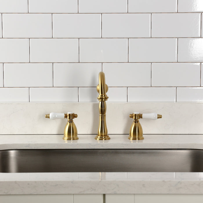 Kingston Heirloom KB1797BPLLS - Bel-Air Double-Handle Widespread Kitchen Faucet, Brushed Brass