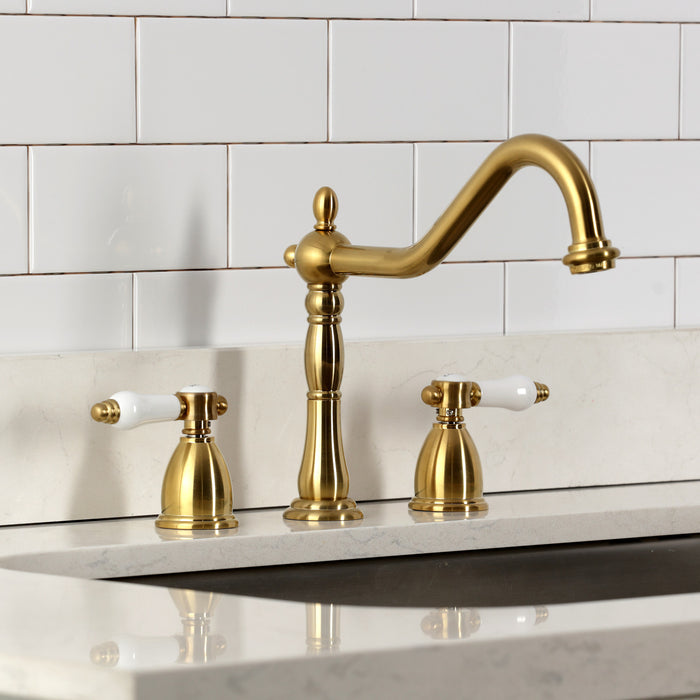 Kingston Heirloom KB1797BPLLS - Bel-Air Double-Handle Widespread Kitchen Faucet, Brushed Brass