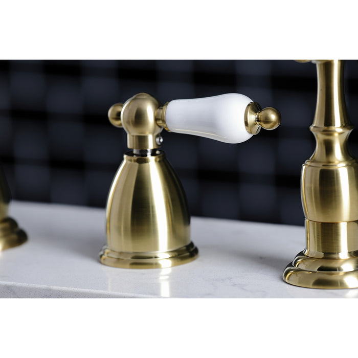 Heritage KB1797PLBS Double-Handle 4-Hole Widespread Kitchen Faucet with Brass Sprayer, Brushed Brass