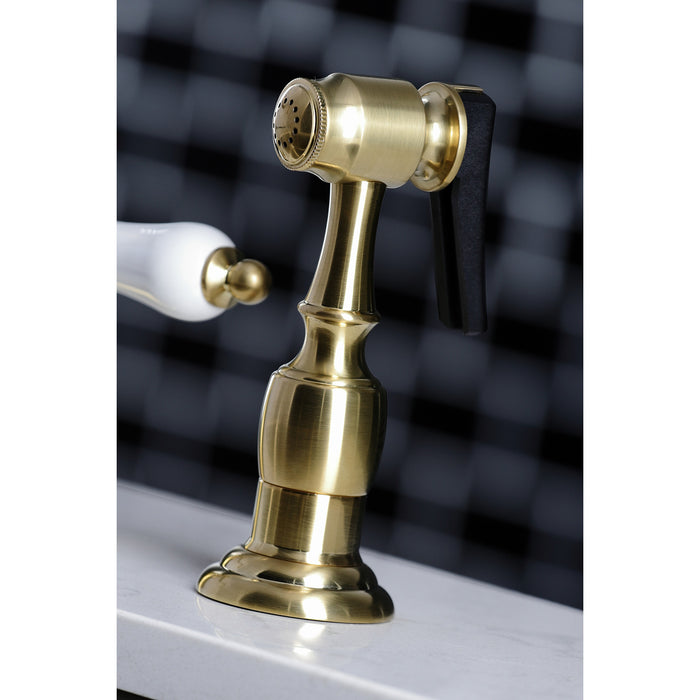 Heritage KB1797PLBS Double-Handle 4-Hole Widespread Kitchen Faucet with Brass Sprayer, Brushed Brass
