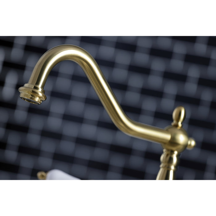 Heritage KB1797PLBS Double-Handle 4-Hole Widespread Kitchen Faucet with Brass Sprayer, Brushed Brass
