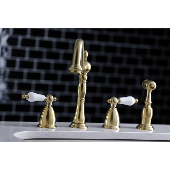 Heritage KB1797PLBS Double-Handle 4-Hole Widespread Kitchen Faucet with Brass Sprayer, Brushed Brass