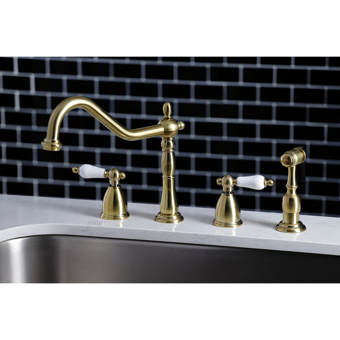Heritage KB1797PLBS Double-Handle 4-Hole Widespread Kitchen Faucet with Brass Sprayer, Brushed Brass