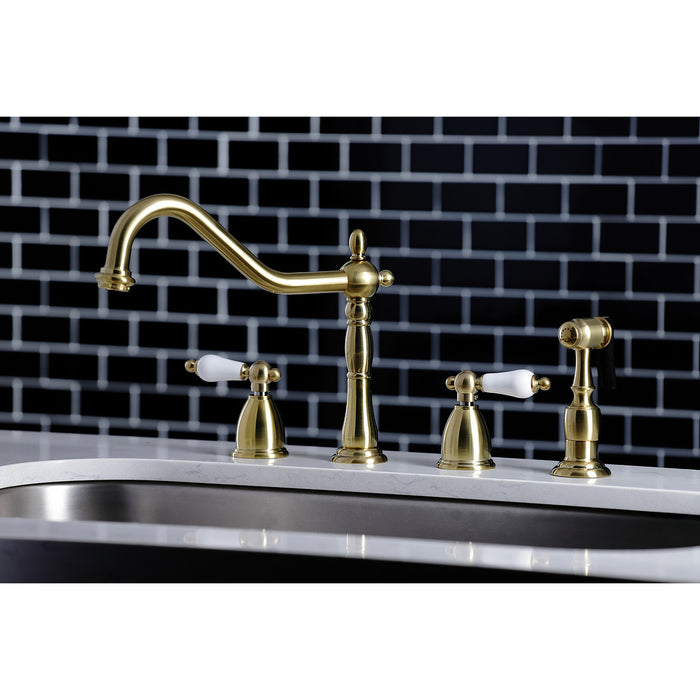 Heritage KB1797PLBS Double-Handle 4-Hole Widespread Kitchen Faucet with Brass Sprayer, Brushed Brass