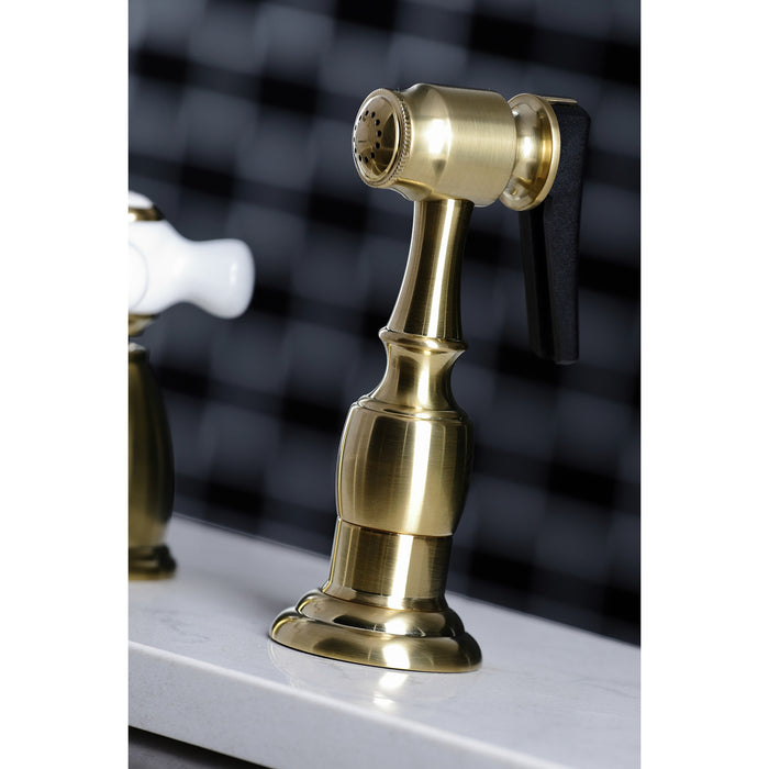 Kingston Heirloom KB1797PXBS - Heritage Double-Handle 4-Hole Widespread Kitchen Faucet with Brass Sprayer, Brushed Brass