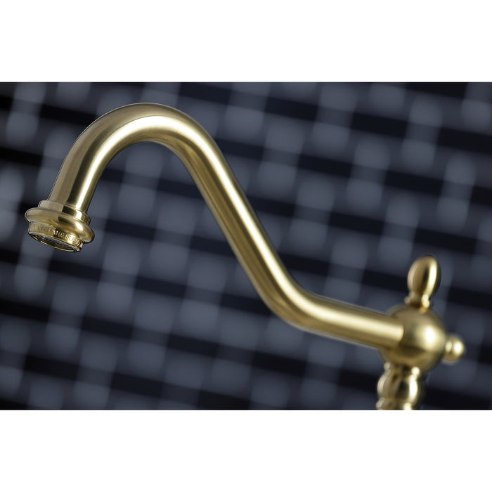 Kingston Heirloom KB1797PXBS - Heritage Double-Handle 4-Hole Widespread Kitchen Faucet with Brass Sprayer, Brushed Brass