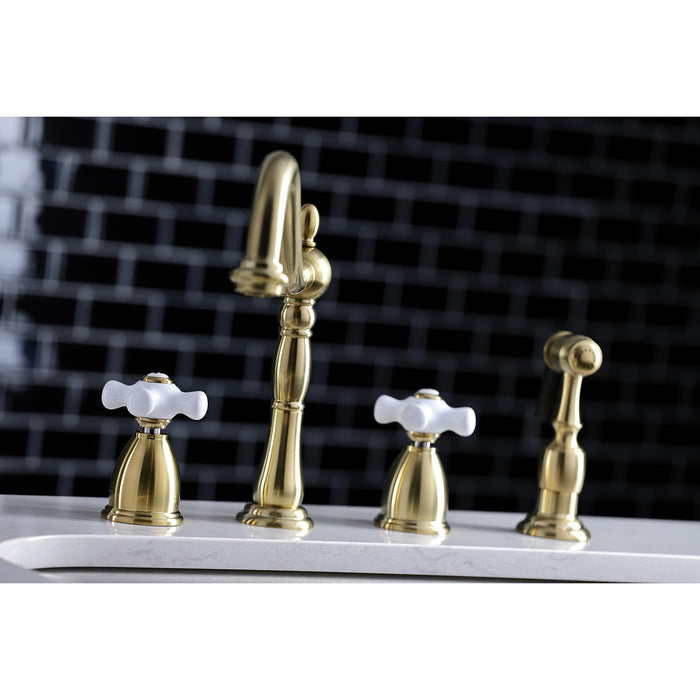 Kingston Heirloom KB1797PXBS - Heritage Double-Handle 4-Hole Widespread Kitchen Faucet with Brass Sprayer, Brushed Brass