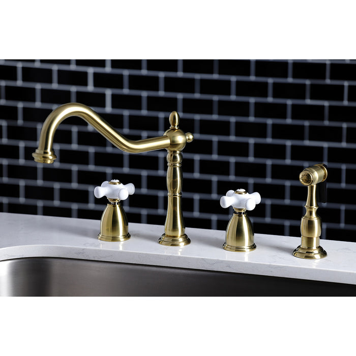 Heritage KB1797PXBS Double-Handle 4-Hole Widespread Kitchen Faucet with Brass Sprayer, Brushed Brass