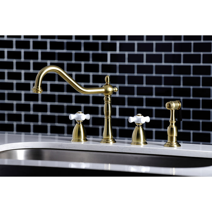 Heritage KB1797PXBS Double-Handle 4-Hole Widespread Kitchen Faucet with Brass Sprayer, Brushed Brass
