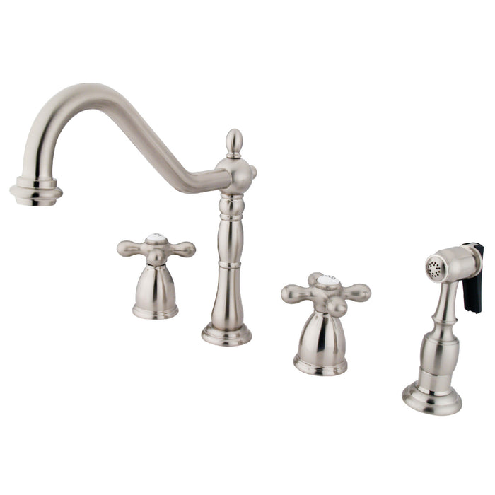 Kingston Heirloom KB1798AXBS - Heritage Double-Handle 4-Hole Widespread Kitchen Faucet with Brass Sprayer, Brushed Nickel