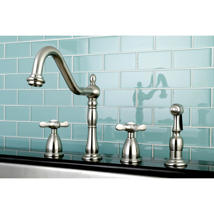 Essex KB1798BEXBS Double-Handle 4-Hole Widespread Kitchen Faucet with Brass Sprayer, Brushed Nickel