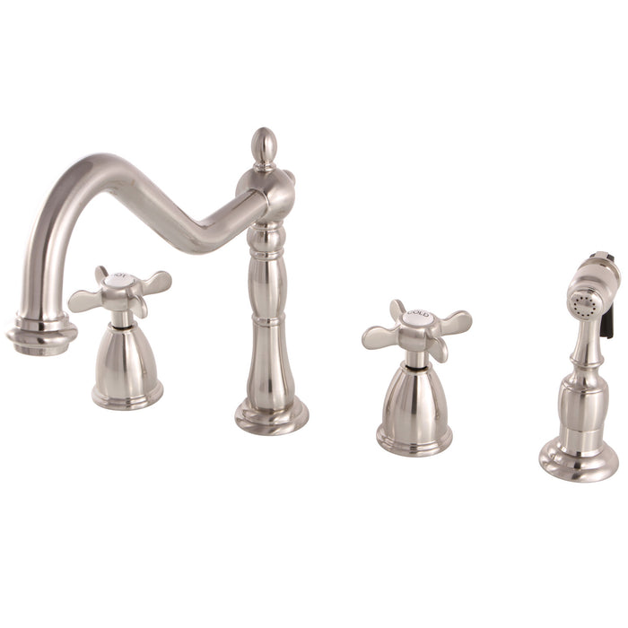 Essex KB1798BEXBS Double-Handle 4-Hole Widespread Kitchen Faucet with Brass Sprayer, Brushed Nickel